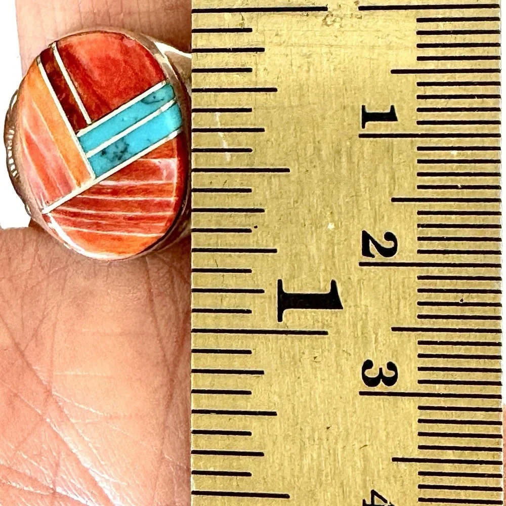 Navajo Mens Ring Turquoise Orange‎ Spiny Oyster Sz 12.5 Signed PLL Sterling USA